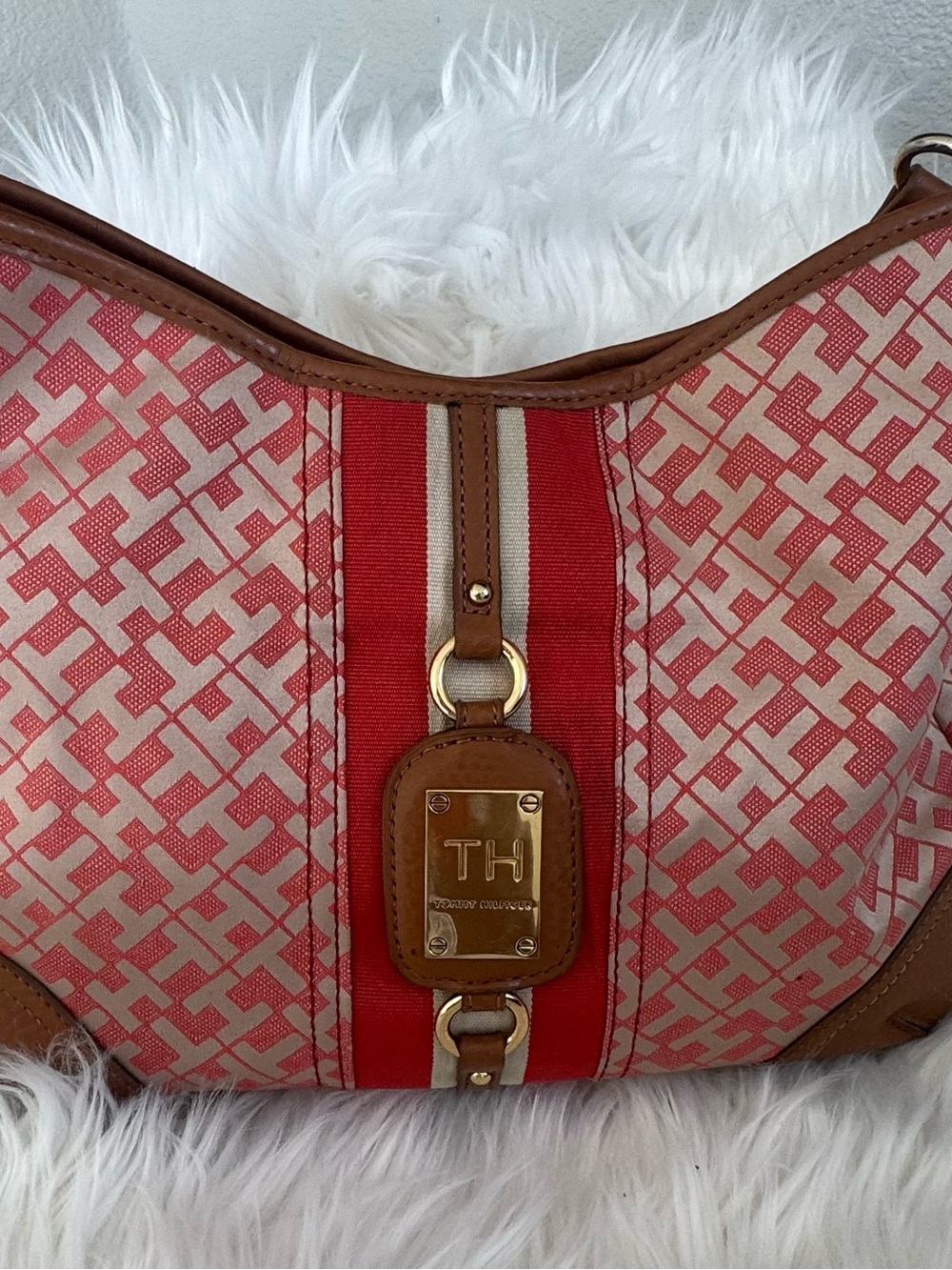 Tommy Hilfiger Y2K Red Monogram Canvas Shoulder Bag